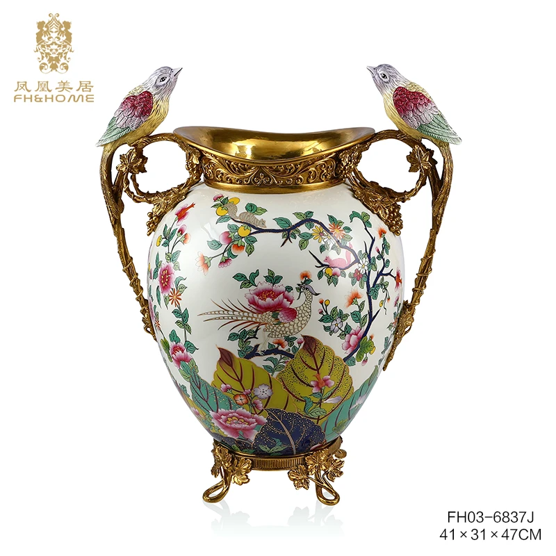 FH&HOME/凤凰美居奢华欧式高脚铜底座高温瓷花瓶小脚酒缸装饰盆