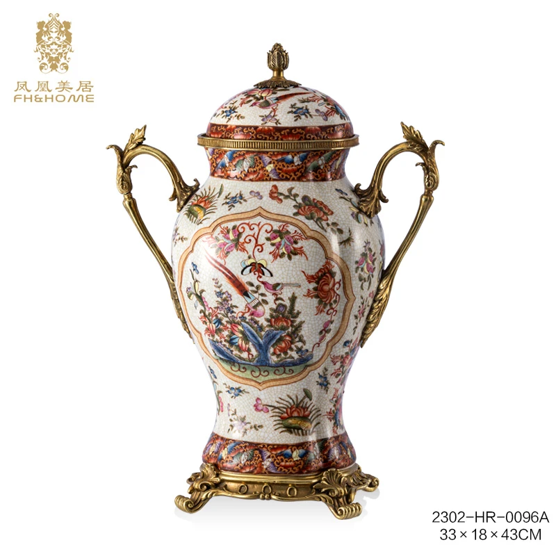FH&HOME/凤凰美居欧式奢华精美彩绘陶瓷客厅带盖花瓶摆件装饰摆件