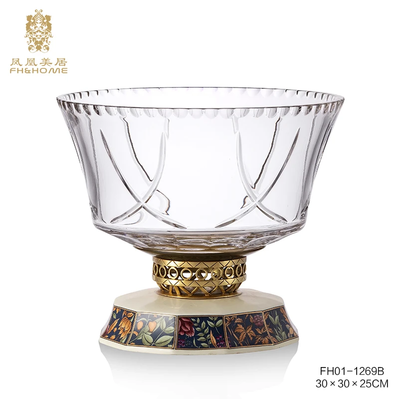 FH&HOME/凤凰美居欧式水晶玻璃果盘高脚铜底座铜边果盆