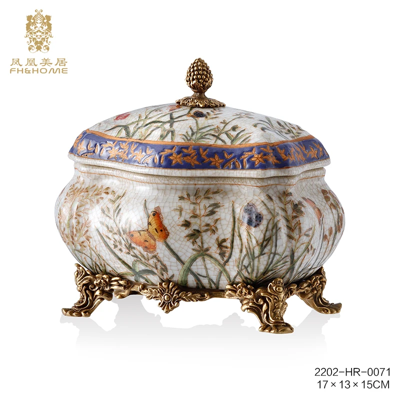 FH&HOME/凤凰美居奢华铜配瓷手工彩绘小盖盒摆件饰品
