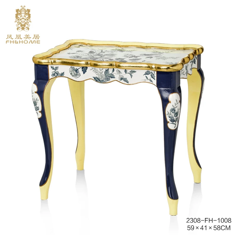 FH&HOME/凤凰美居欧式轻奢蓝白花方几客厅沙发角几居家木质装饰几