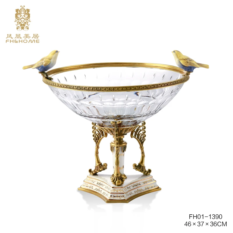 FH&HOME/凤凰美居欧式水晶玻璃配铜果盘发货铜底座水晶盘