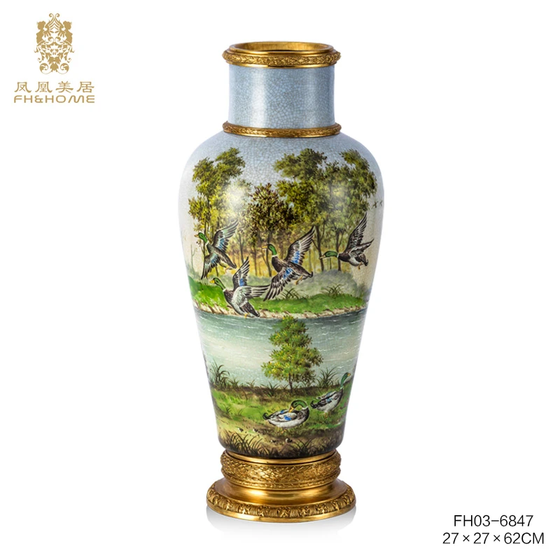 FH&HOME/凤凰美居奢华欧式彩绘手绘细脚陶瓷小口圆身花瓶盖坛摆件