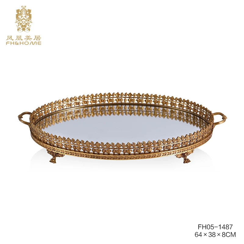 FH&HOME/凤凰美居奢华欧式艺术铜雕刻围边镜面双耳托盘实体店发货