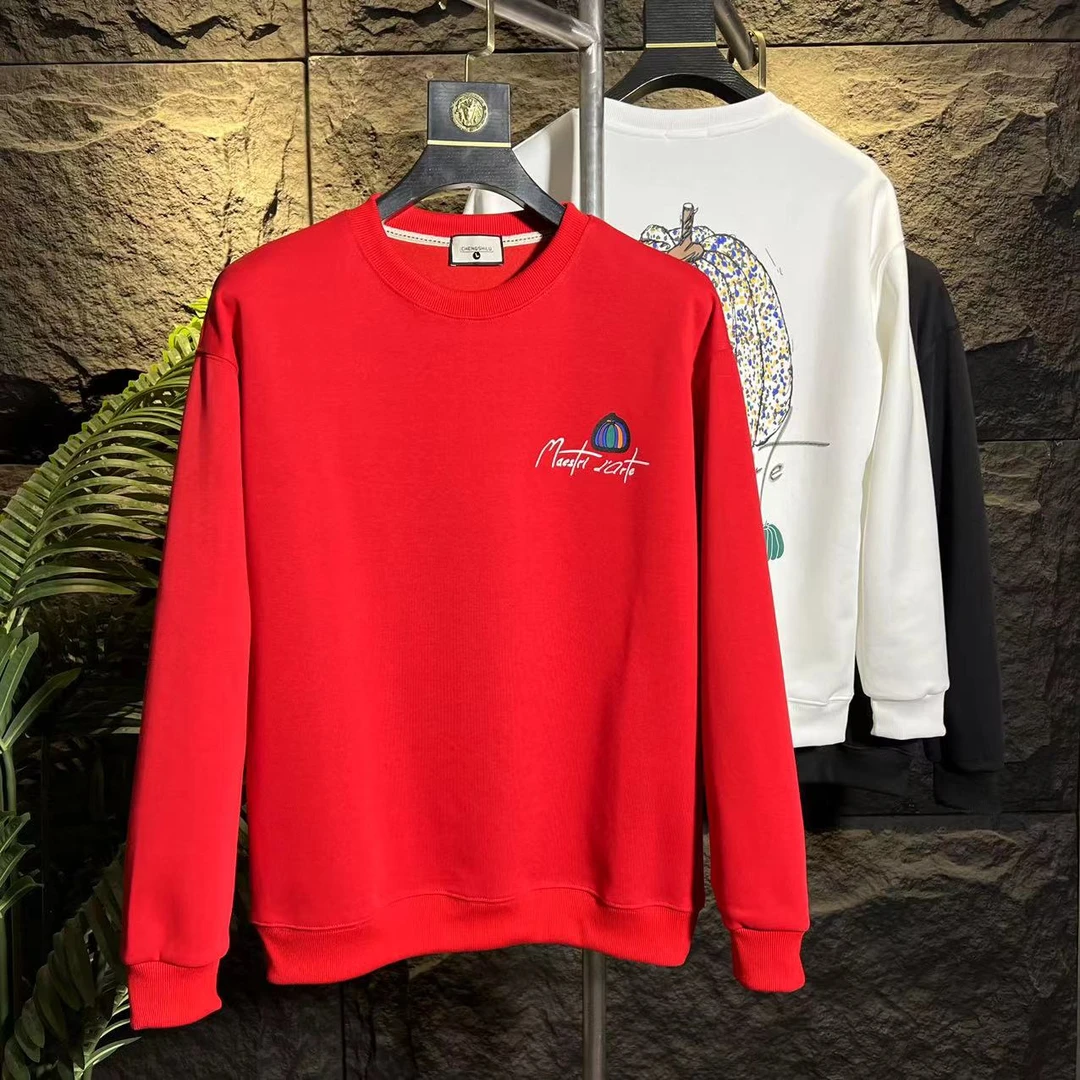 秋冬圆领长袖棉上衣潮流纯色透气亲肤打底衫宽松情侣百搭体恤红色