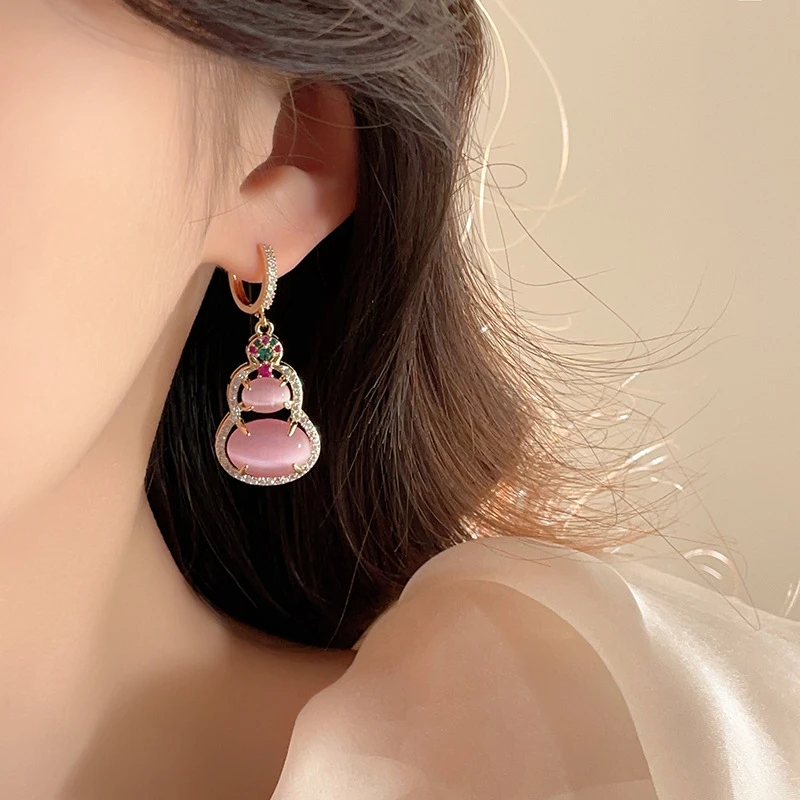 铜合金耳饰 【140】新中式甜美葫芦耳扣个性耳环百搭粉色少女心耳饰