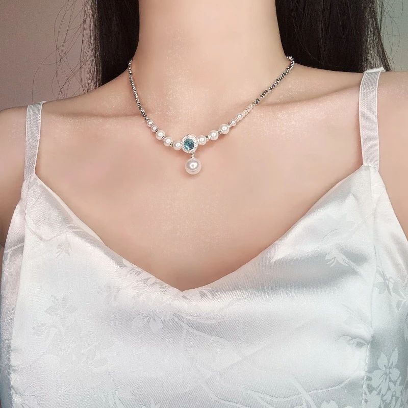 925银海蓝宝珍珠高级感项链女轻奢小众设计感锁骨链高级百搭饰品