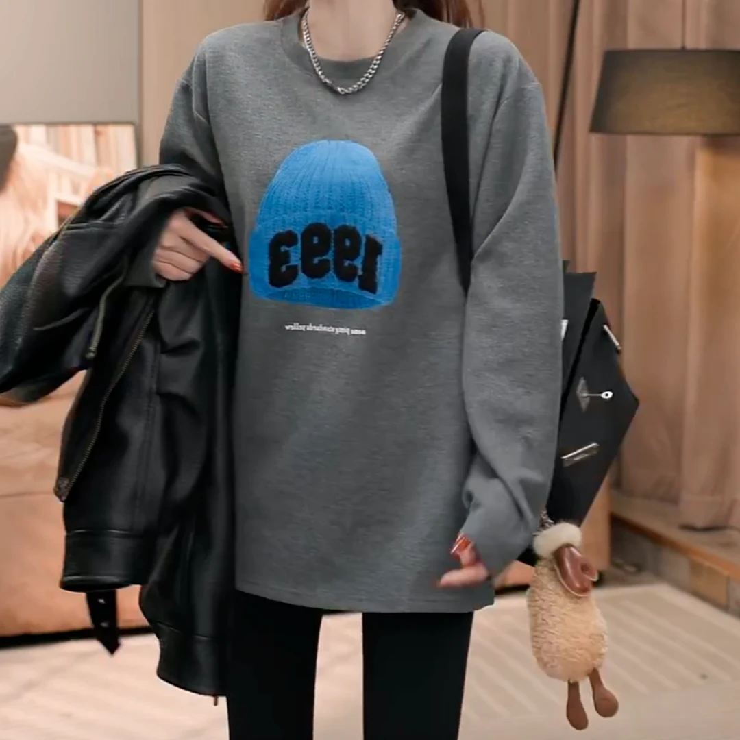 磨毛字母印花上衣2024冬季新款设计感韩系穿搭长袖中长款T恤女