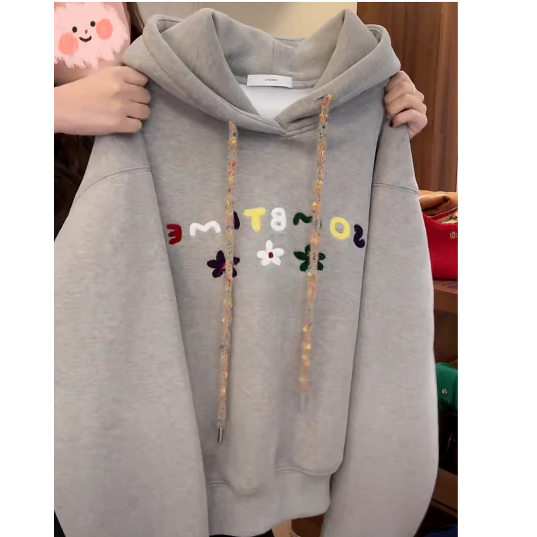 彩带加绒卫衣冬季女2024新款加厚刺绣字母连帽时尚设计感上衣