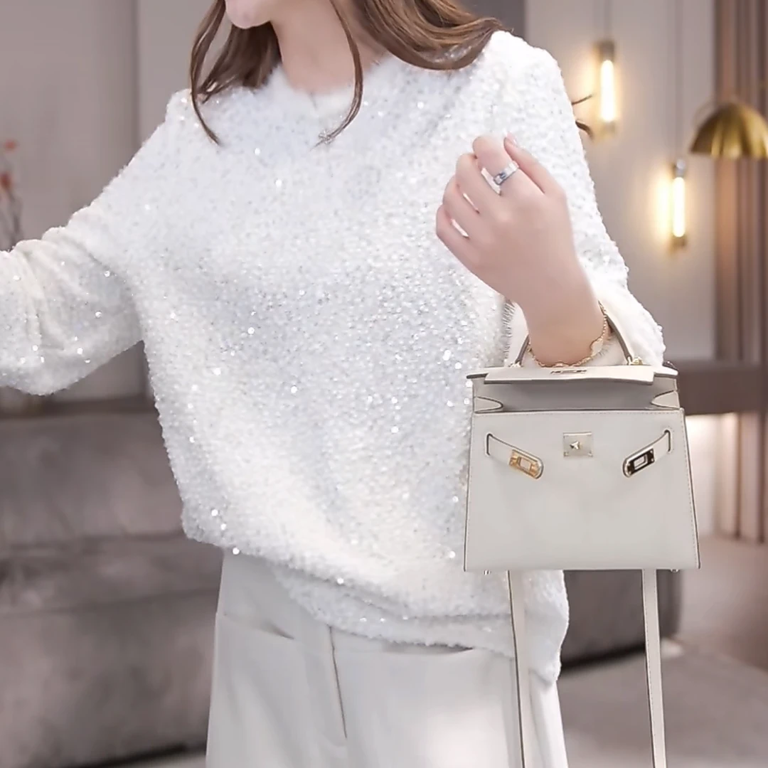 设计感亮闪闪加绒加厚长袖T恤女秋冬款时尚显瘦休闲重工圆领上衣