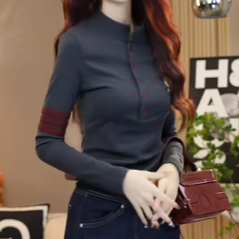 设计感加绒撞色半高领套头打底衫秋冬内搭洋气显瘦灰色长袖上衣潮