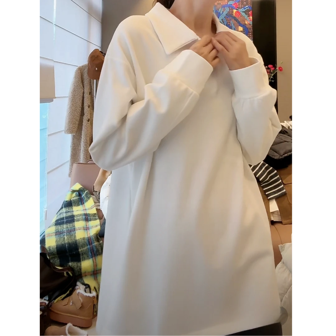 设计感加绒POLO领长袖T恤女秋冬内搭外穿宽松翻领纯色打底衫上衣