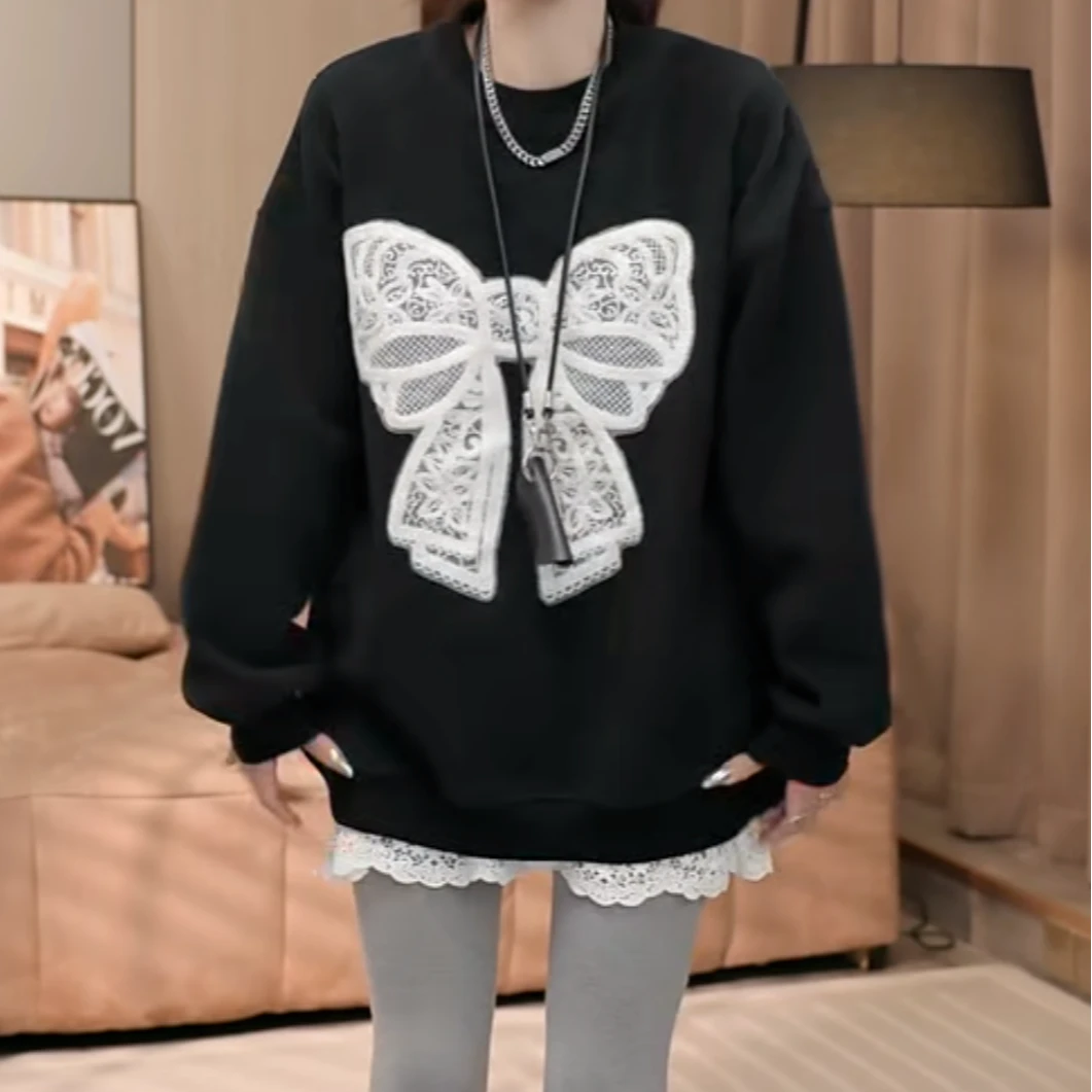 设计感钩花蝴蝶结套头卫衣女秋冬时尚百搭休闲宽松圆领长袖上衣