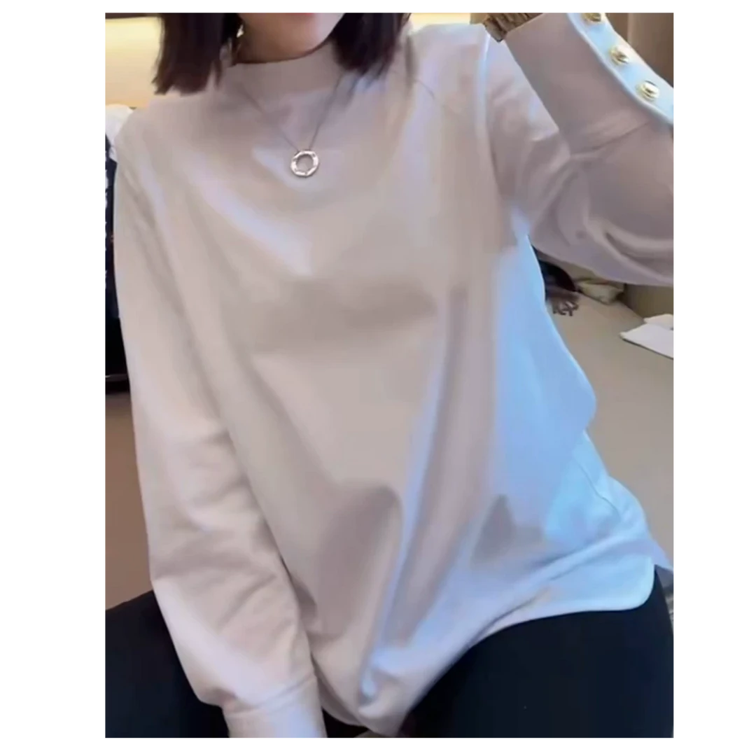 设计感衬衫袖金色扣子净版打底上衣女秋冬季宽松套头纯色长袖T恤