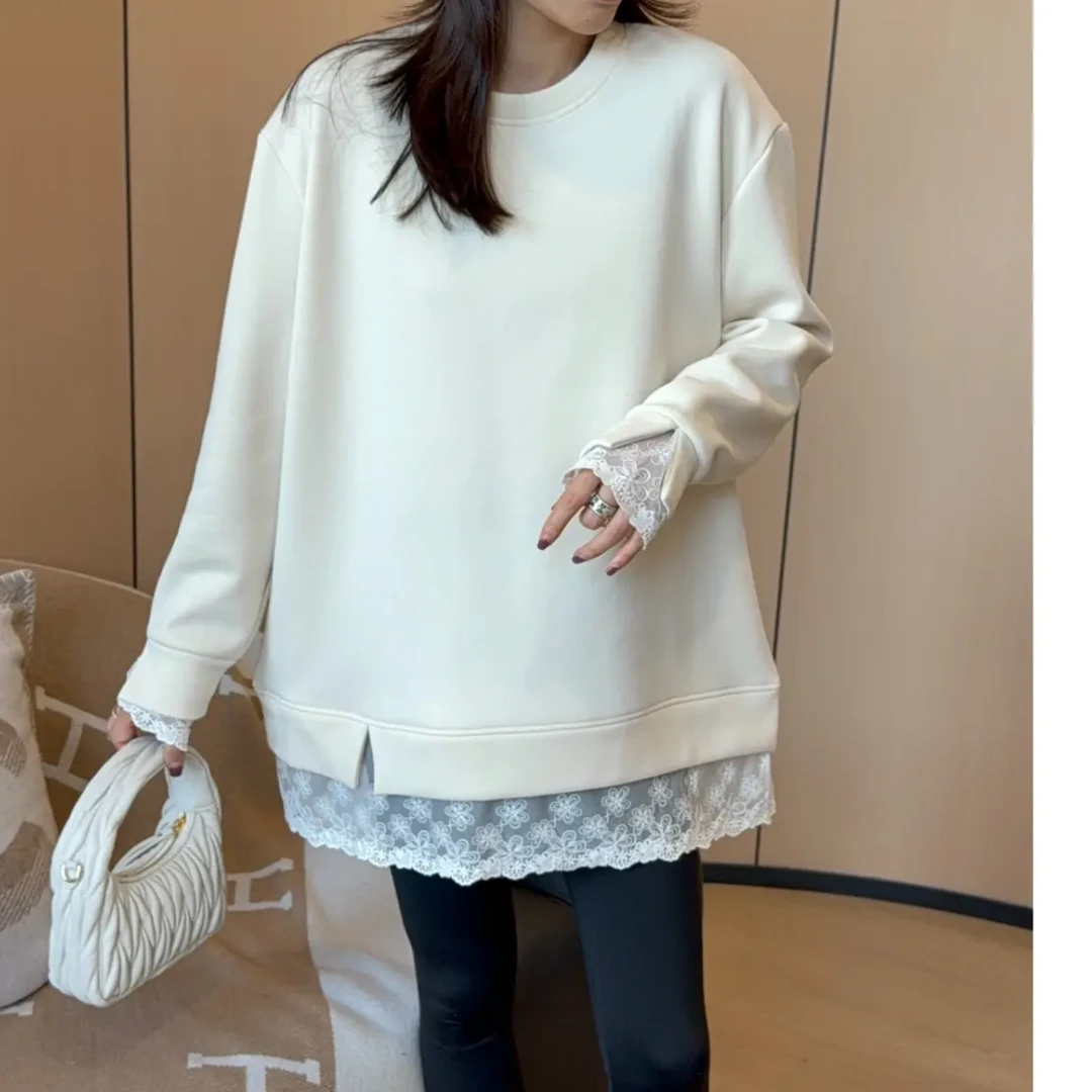 假两件蕾丝拼接打底上衣女2024新款秋冬时尚设计感宽松打底衫上衣