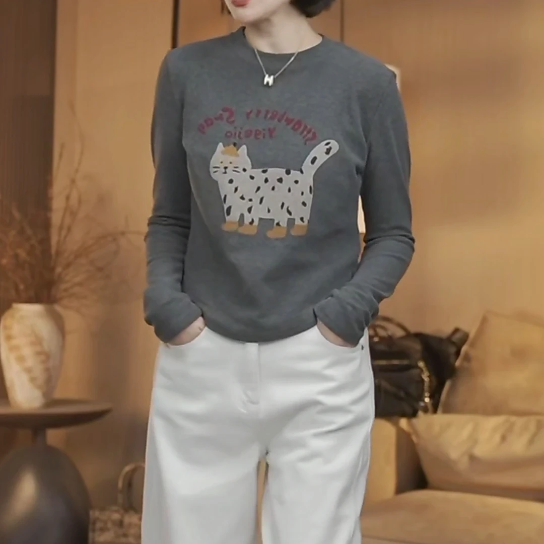 猫咪印花双面绒长袖T恤女秋冬内搭外穿百搭显瘦设计感圆领打底衫