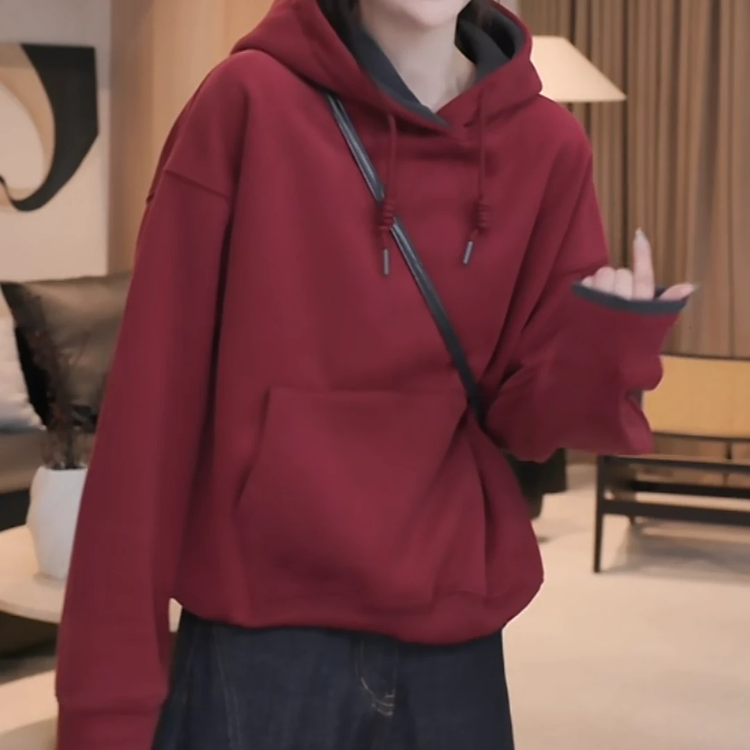 小众设计加绒卫衣休闲百搭加厚时尚连帽冬季2024新款复古红上衣