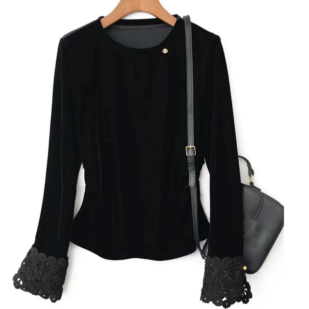 设计感拼接袖口修身长袖T恤女秋冬季洋气高级感收褶纯色打底上衣