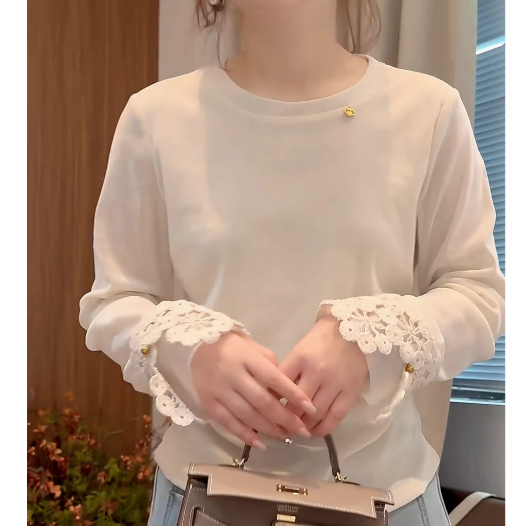 设计感拼接袖口修身长袖T恤女秋冬季洋气高级感收褶纯色打底上衣