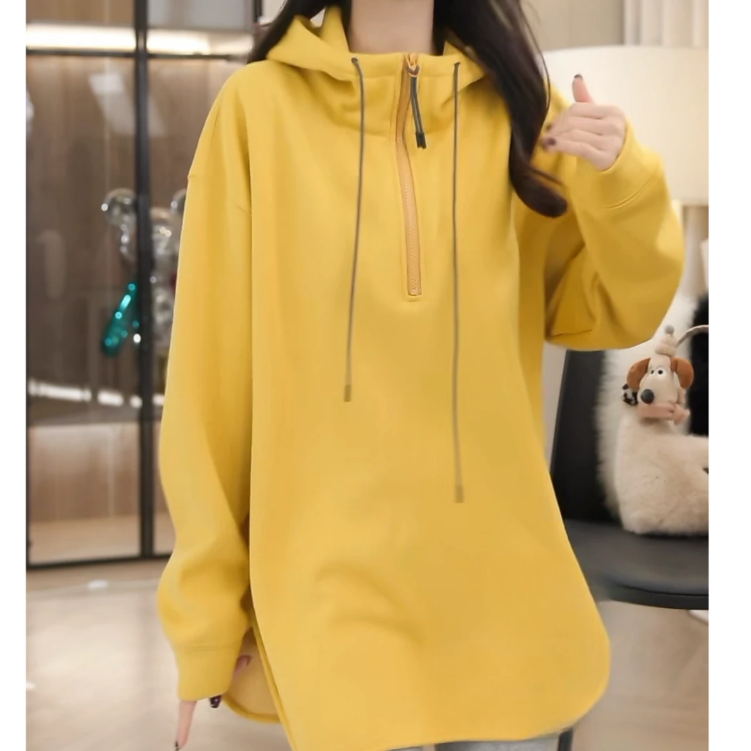 设计感半拉链加绒加厚连帽卫衣女秋冬2024新款保暖宽松上衣时尚