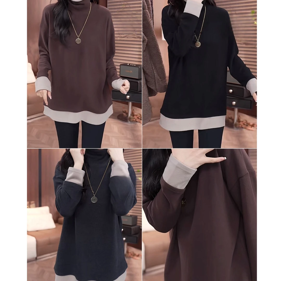 假两件长袖T恤秋冬2024新款设计感撞色宽松中长款气质打底衫上衣