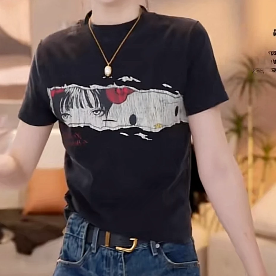 怀旧创意印花kitty猫上衣2024新款秋冬字母印花黑色短袖t恤女