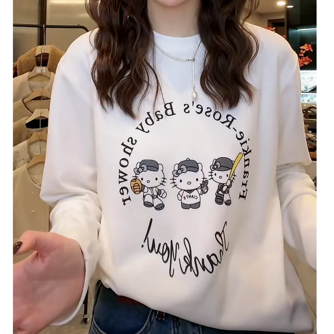 设计感小猫德绒长袖打底T恤女秋冬时尚ins风厚款宽松百搭套头上衣