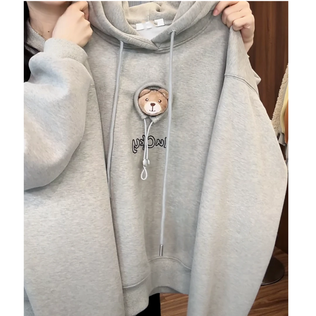 设计感刺绣小熊图案加绒连帽卫衣女秋冬时尚洋气百搭帽衫长袖上衣