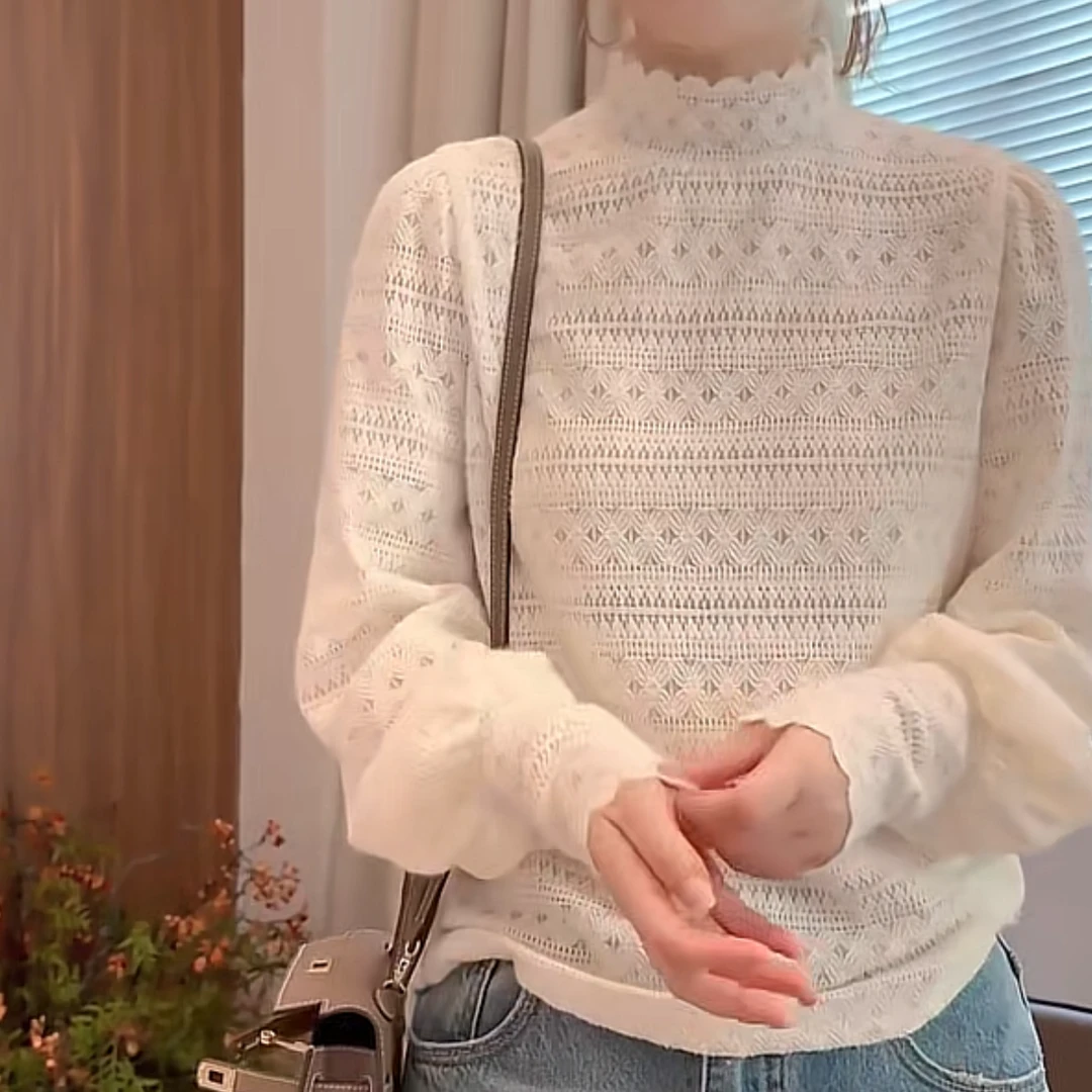 设计感磨毛蕾丝边打底衫T恤女秋冬高级感法式钩花半高领长袖上衣
