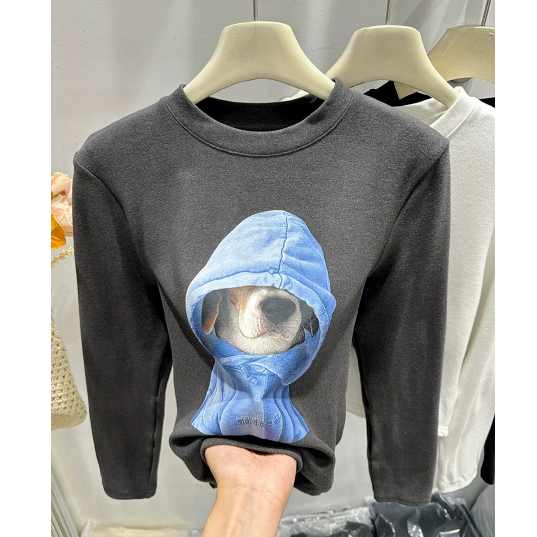 卡通小狗印花设计感长袖T恤女冬季新款时尚圆领双面德绒打底上衣