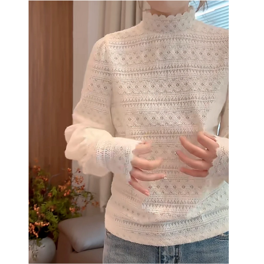 设计感磨毛蕾丝边打底衫T恤女秋冬高级感法式钩花半高领长袖上衣