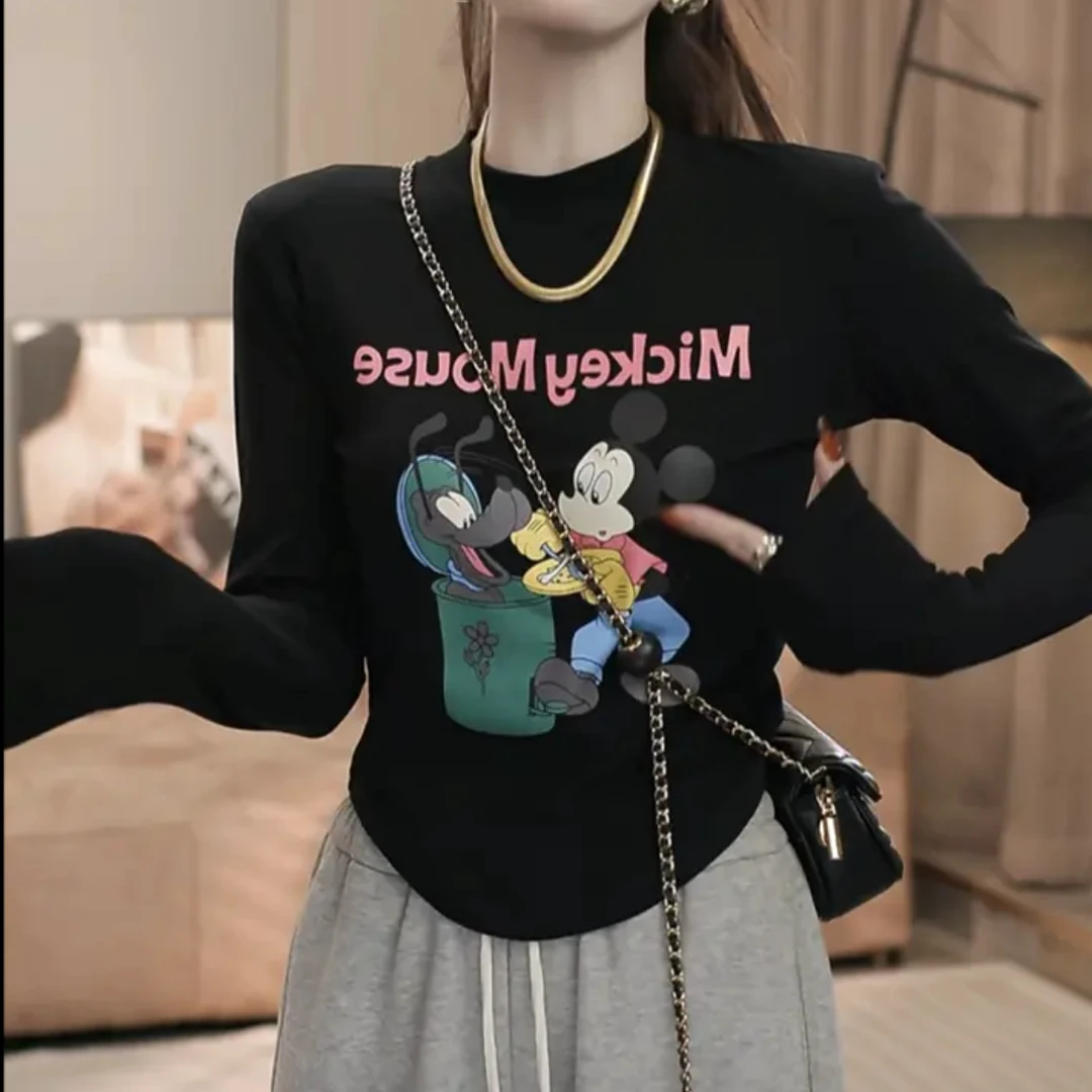 卡通图案设计感加绒长袖T恤女秋季新款圆领内搭韩版印花打底上衣