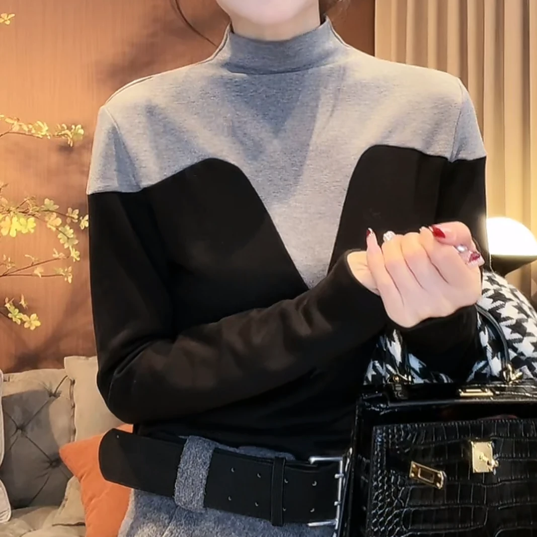 设计感立领不规则撞色长袖T恤女秋冬内搭外穿半高领修身套头上衣