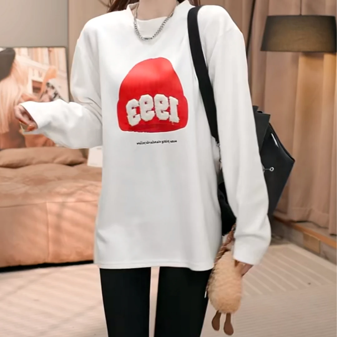 磨毛字母印花上衣2024冬季新款设计感韩系穿搭长袖中长款T恤女