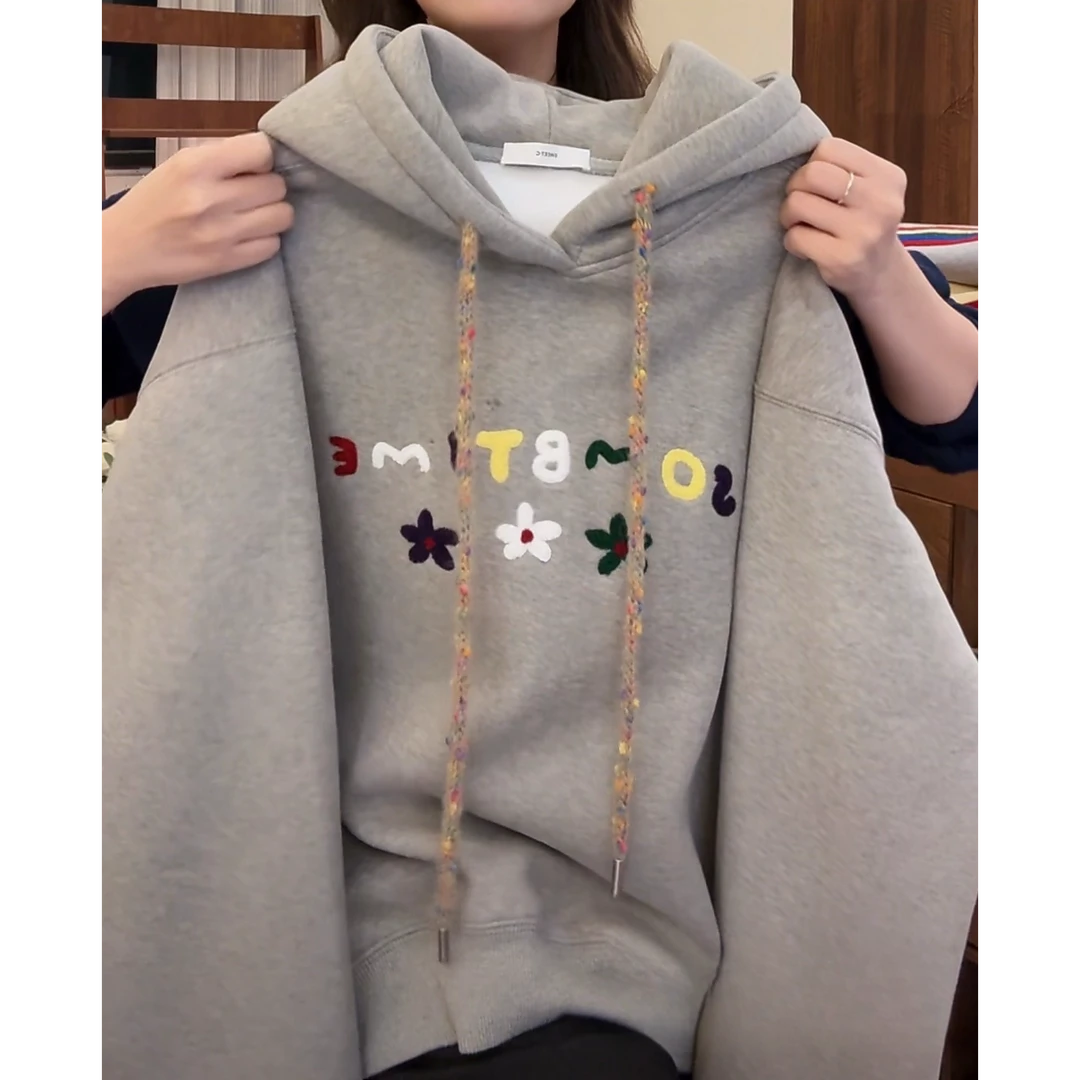 彩带加绒卫衣冬季女2024新款加厚刺绣字母连帽时尚设计感上衣