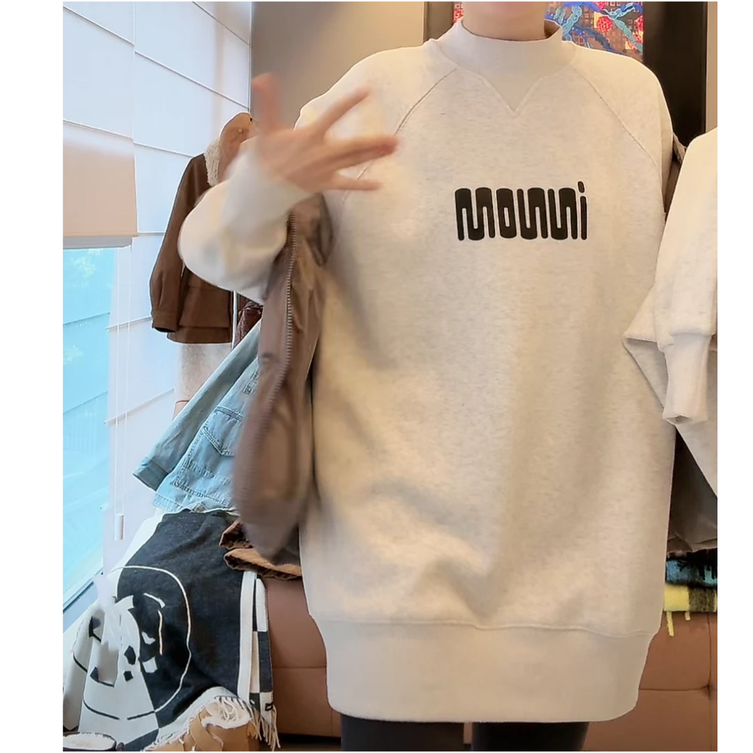 加绒卫衣加绒加厚设计感时尚休闲圆领冬季2024新款字母灰色上衣