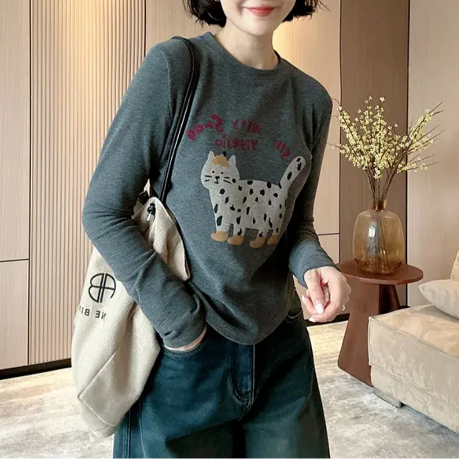 猫咪印花设计感长袖T恤秋冬内搭外穿百搭显瘦圆领双面绒打底衫潮