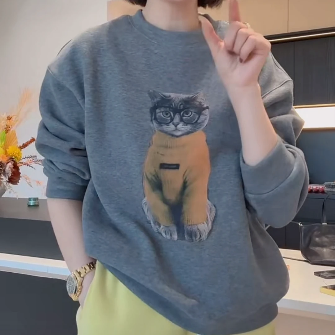 设计感猫咪卡通加厚加绒卫衣女冬季日常好穿搭高级感圆领长袖上衣