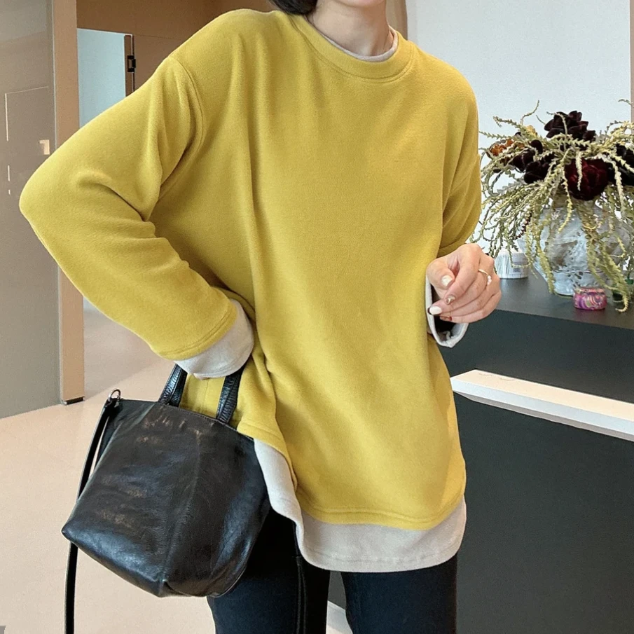 设计感单穿内搭双面德绒假两件长袖T恤女秋冬宽松休闲保暖打底衫