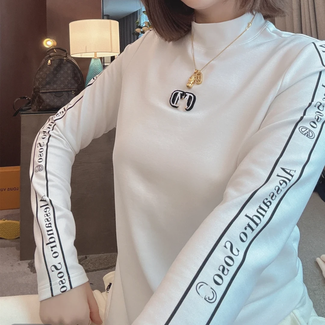 印花加绒长袖T恤女秋冬时尚内搭外穿百搭立领女士打底衫白色