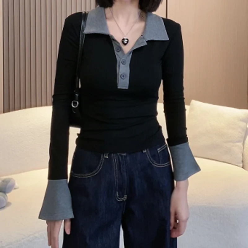 设计感撞色纽扣polo领长袖T恤女秋冬修身内搭外穿喇叭袖打底上衣