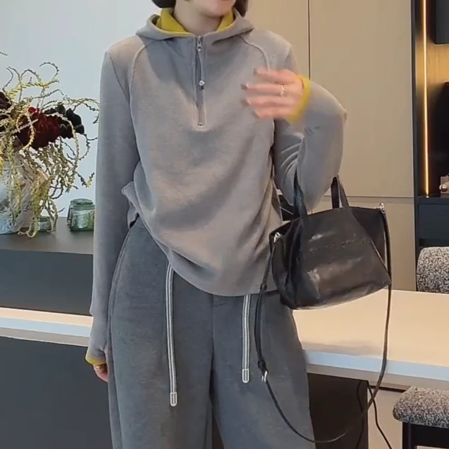 设计感半拉链双面绒加厚连帽卫衣女秋冬叠穿修身显瘦撞色拼接上衣