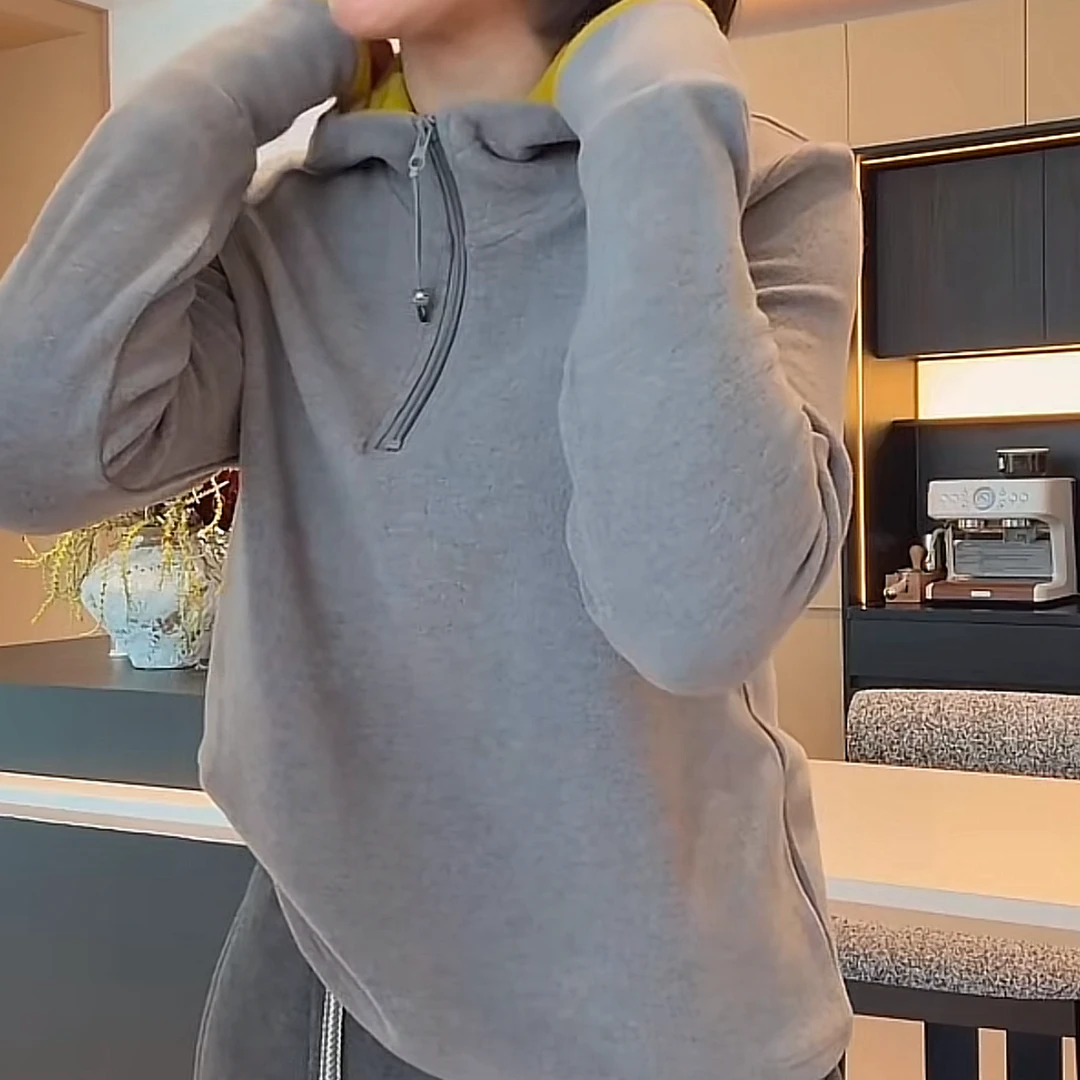 设计感半拉链双面绒加厚连帽卫衣女秋冬叠穿修身显瘦撞色拼接上衣