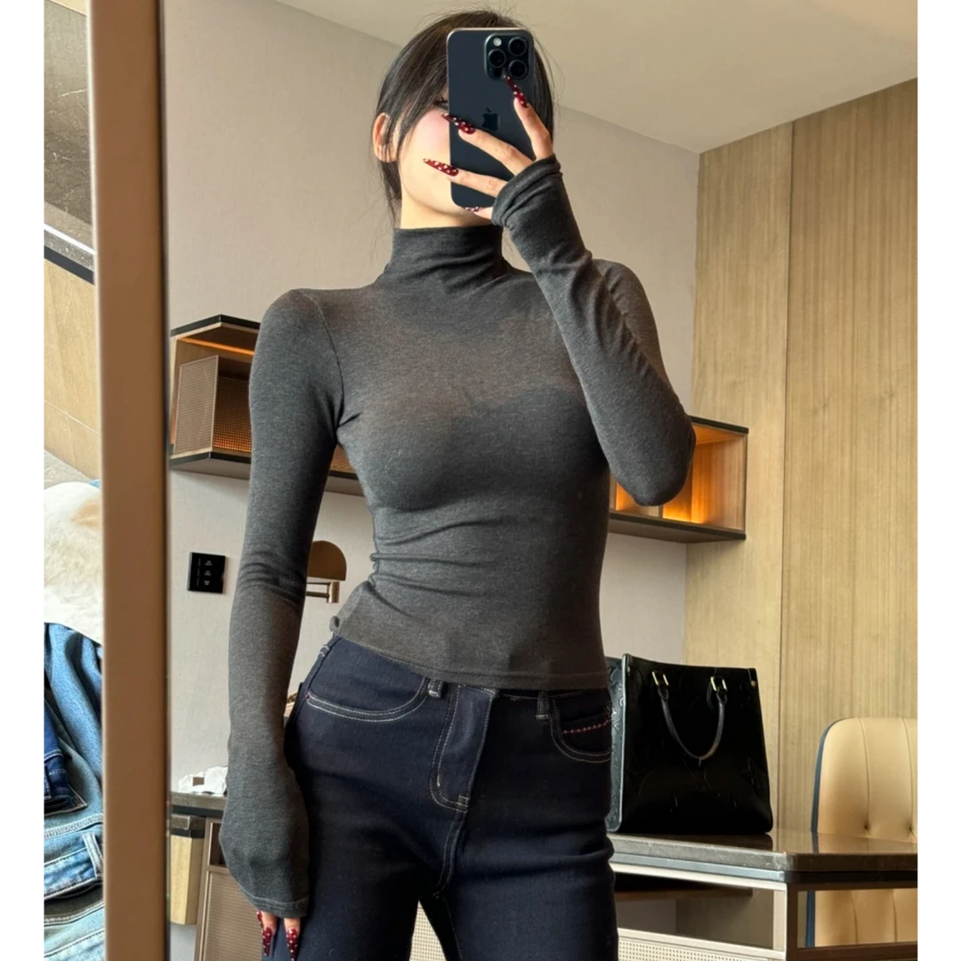 超细精仿针织高领发热内搭上衣女秋冬季显瘦高领纯色修身长袖T恤