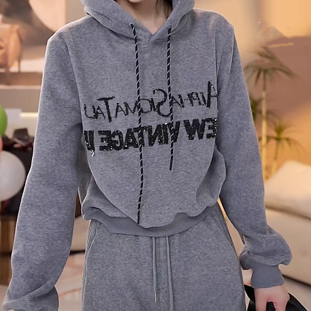 设计感刺绣字母加绒连帽卫衣女冬季2024新款时尚宽松休闲连帽上衣