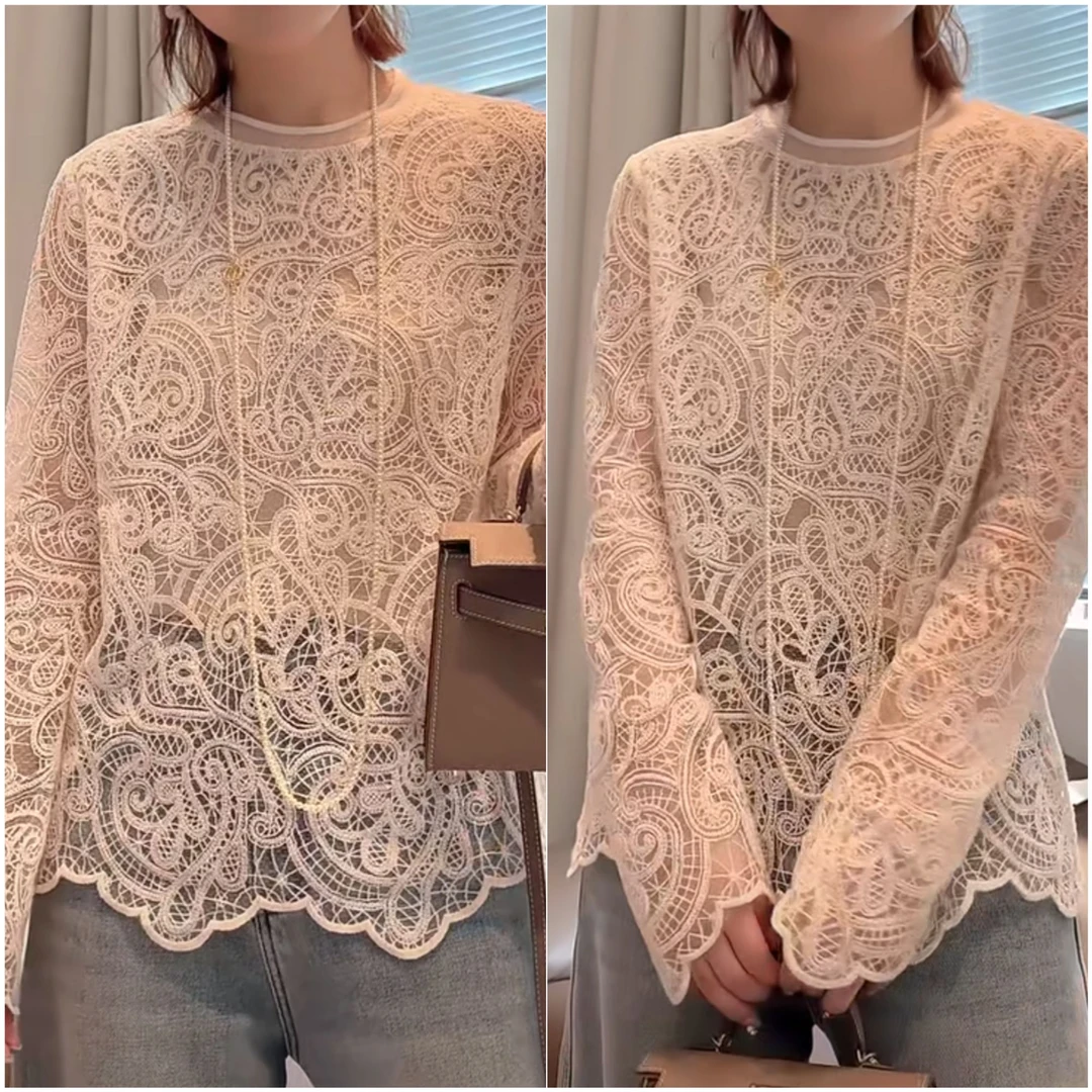 设计感蕾丝长袖打底女T恤秋冬内搭轻奢高级百搭气质镂空小衫上衣
