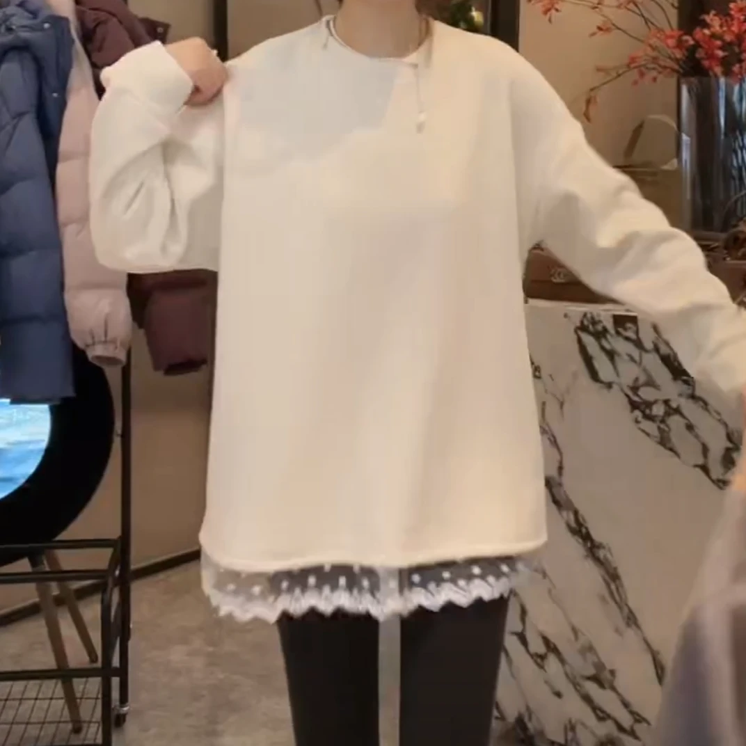 感加绒蕾丝边圆领卫衣女冬季内搭2024新款白色时尚宽松打底衫T恤