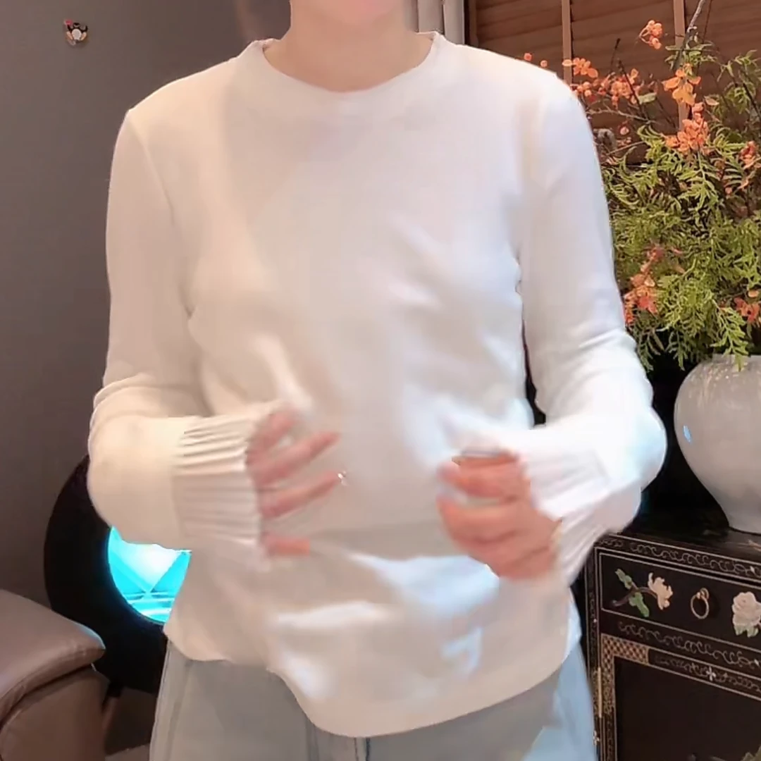 冬季加绒设计感上衣2024新款拼接显瘦内搭外穿百搭圆领t恤打底衫