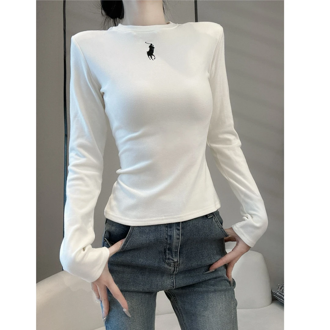 设计感纯色圆领长袖T恤女秋冬2024新款百搭休闲时尚修身打底上衣