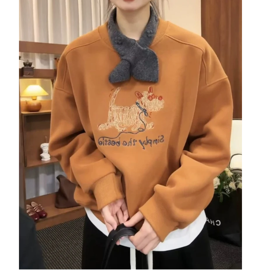 设计感线条小狗时尚加绒卫衣女秋冬季韩版休闲圆领宽松长袖T恤女